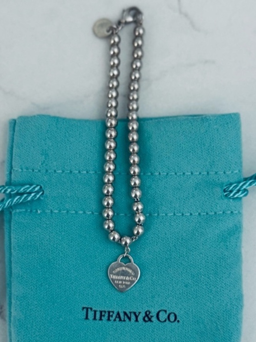 Tiffany & Co. RTT Heart Tag Bead Bracelet in Ag925 Silver Size Extra Small 6.25”